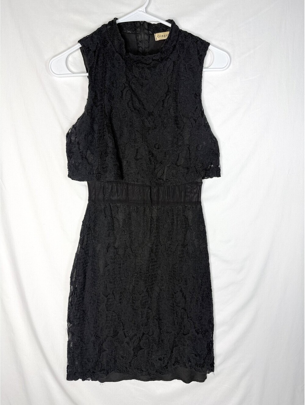 Black Floral Lace Midi Dress Sheer Mesh Waist Gothic Cocktail Wedding Guest